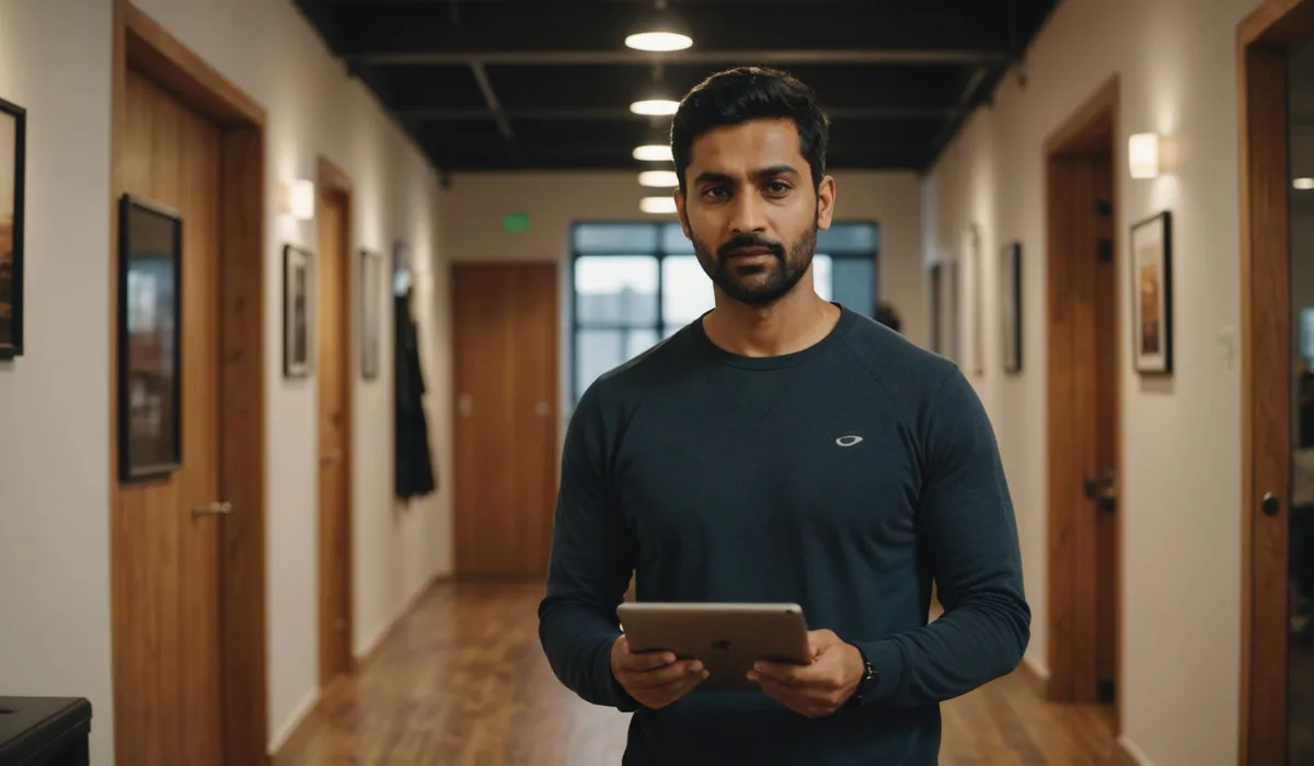 Fitness studio owner reviewing class schedule on a tablet while standing in a bright studio hallway